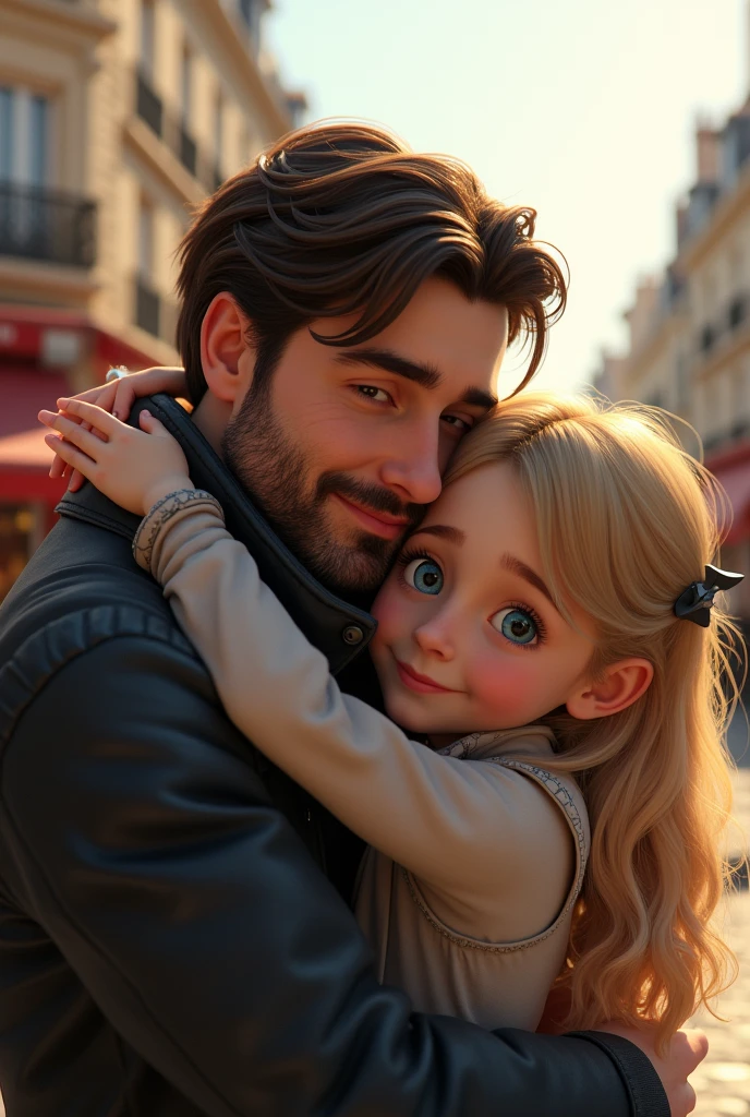 Blonde girl  blue eyes hugging her father dark brown hair and brown eyes on the streets of Paris 8k ultrarealistic photorealistic 