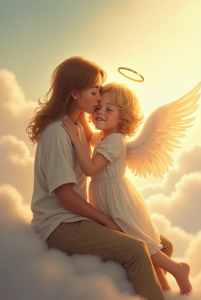 "A touching scene of a young guardian angel, depicted as a child with delicate, soft wings, gently embracing an ordinary adult. The child angel has an innocent expression, with soft, golden curls and a small halo above their head. They are dressed in simple, flowing white garments, with a warm, gentle light surrounding them. The adult, an everyday person dressed in casual clothes, stands or sits beside the angel, looking calm and reassured. The background features a peaceful, celestial landscape with soft clouds and a gentle, warm light, symbolizing the protective and nurturing presence of the child angel over the ordinary person."