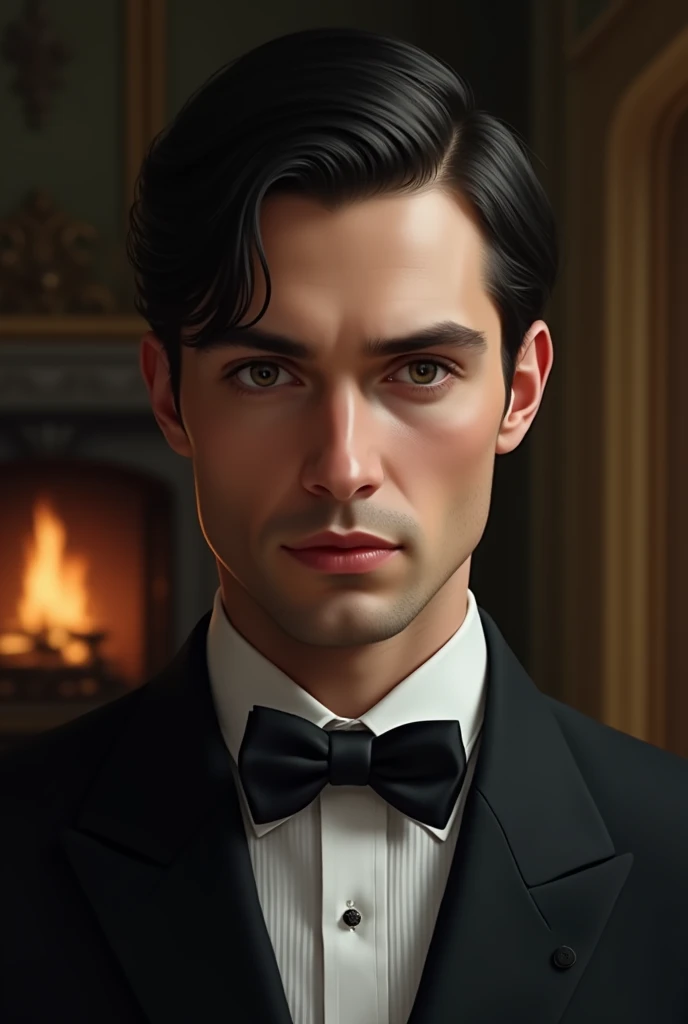 30 year old man, black hair combed back,amber eyes, straight posture, dressed in an elegant and fine manner, in a room with a fireplace, White skin, calm face, a mole under his lip, pastel red lips, tall and of Russian descent. Semirealistic style