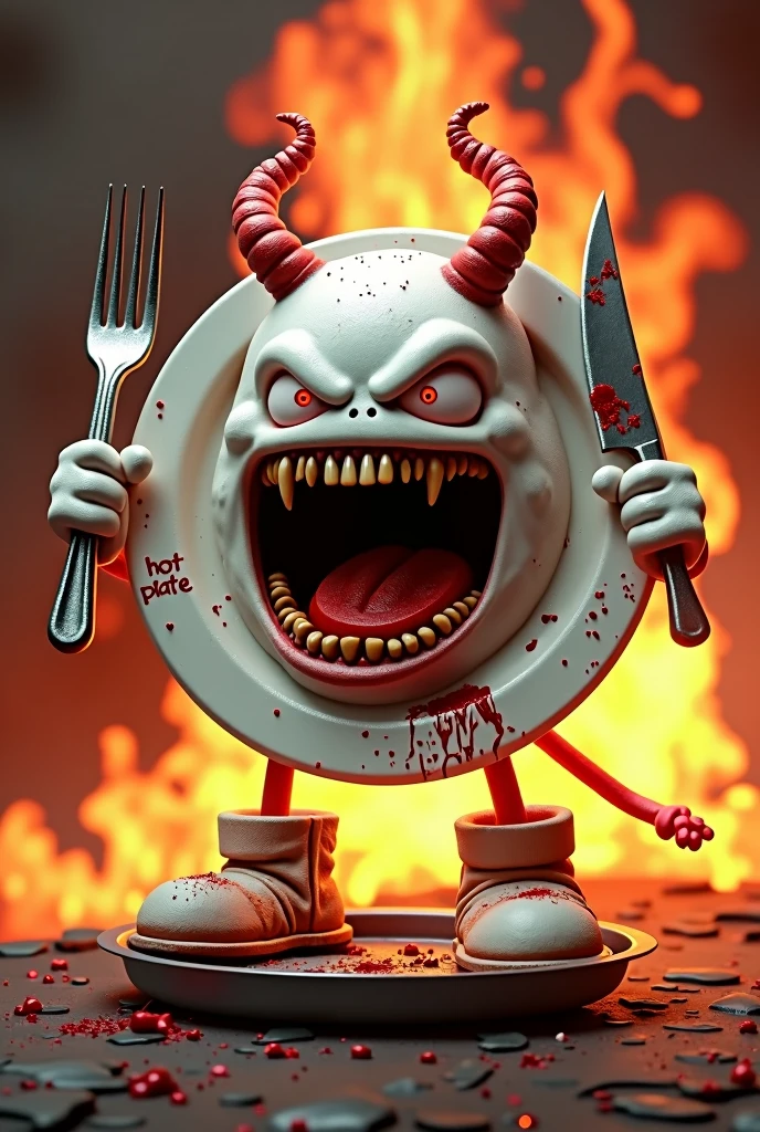 A white plate digital art character shaped like a plate of rice. It has a fierce expression with a wide open mouth, revealing sharp teeth. It wears red evil horns and is holding a large fork in its left hand and a knife covered in food stains in its right hand. There are food remnants stuck in its teeth. A huge flame is in the background. It is wearing boots and its right foot is stepping on a pan. write text "HOT PLATE" between horn