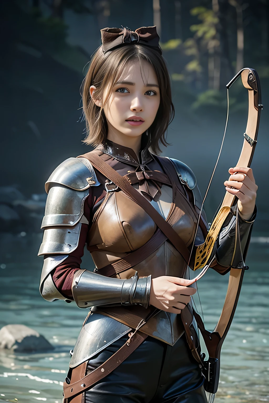 8k,A female adventurer from another world,so beautiful(Like the real thing),((Girl in leather armor:1.4)),((Woman with short brown hair:1.4)),blue eyes,((Woman shooting with a stone crossbow:1.5))、A woman with brown combat trousers,Dagger on hip,Walking in mountainous areas,Perfect Face,Perfect hand shape,charm,Volume measurement,Body balance,超High resolution,super Realistic skin,Digital single-lens reflex camera, Soft lighting, high quality, Highly detailed face, Highly detailed eyes, highly detailed skin, skin, Scattered beneath the surface of the water, Highly detailed face, Highly detailed eyes, Beautiful expression, lip, Detailed Background, Written boundary depth, Small breasts、Volumetric lighting, Sharp focus, Absurd, Realistic proportions, Excellent anatomy, (Realistic, 超Realistic:1.4), 16k hdr, dawn,High resolution,super Realistic skin,super Beautiful expression,Fantasy art,Character Art,Dynamic pose,Compensate,Brown cloak,((Carrying a big bow:1.4)),