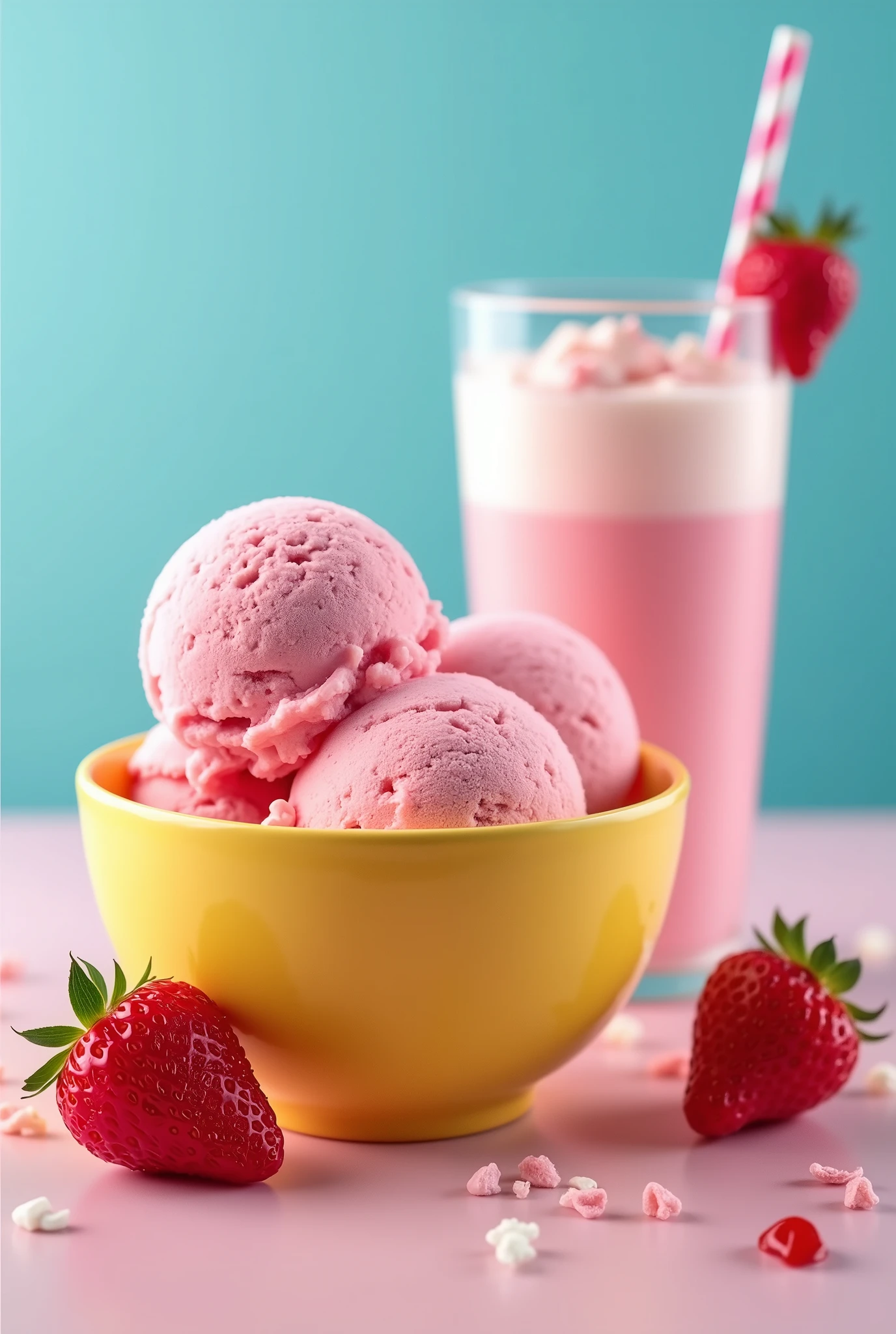 Ice cream in a yellow bowl with wild strawberry flavor + milkshake on one line + blue background