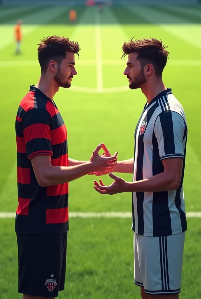 Two players from different teams on the field, one with a horizontally striped shirt in black and red, and the other with a navy blue and white shirt in the vertical direction. They both look at each other and greet each other with their hands while talking.