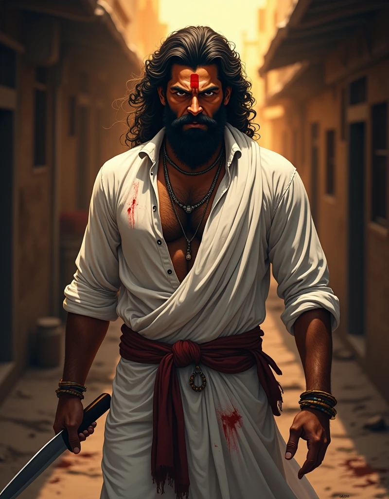 Create a anime style landscape image. Dramatic portrait-style image featuring a man with a rugged appearance. He has a thick, curly black beard and mustache, and his hair is similarly curly and voluminous. His skin is a medium brown tone. He is wearing a white traditional outfit, which includes a long shirt and a dhoti, with visible bloodstains on the fabric. The man is holding a knife in his right hand, which also has blood on it. He has a red mark on his forehead, possibly a tilak, and is adorned with several bracelets on his left wrist. The background is a dimly lit, narrow alleyway with a warm, golden light filtering through, creating a dramatic and intense atmosphere.