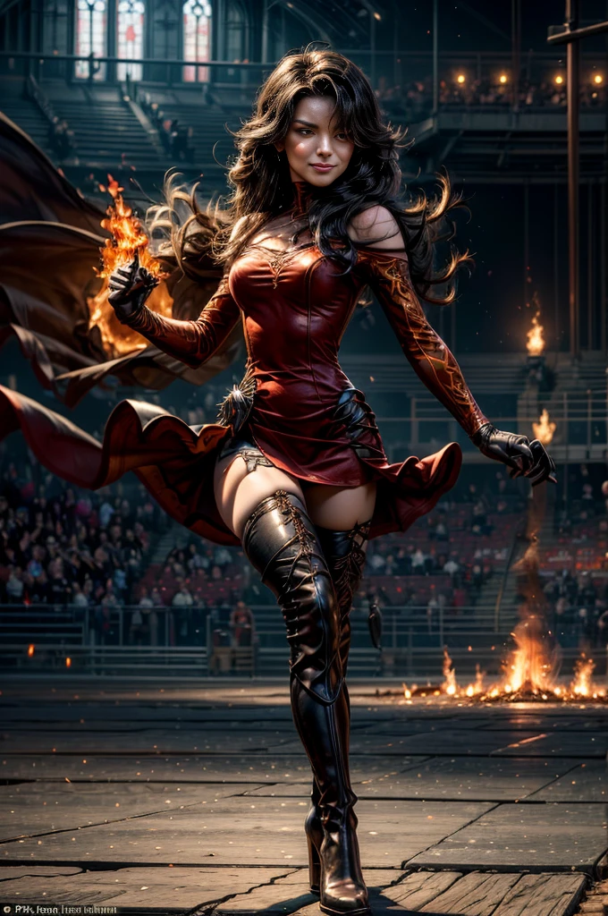 (masterpiece, best quality:1.2), cowboy shot, dynamic pose, solo, 1girl, cinder fall, evil smile, holding flames, looking at viewer, long hair, red dress, elbow gloves, pantyhose, standing inside huge gothic sport stadium, spectators, crowd, bonfires (volumetric lighting), sharp focus, hyper detailed 