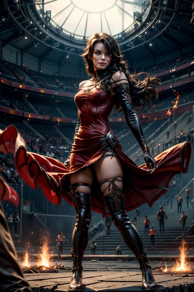 (masterpiece, best quality:1.2), cowboy shot, dynamic pose, solo, 1girl, cinder fall, evil smile, holding flames, looking at viewer, long hair, red dress, elbow gloves, pantyhose, standing inside huge gothic sport stadium, spectators, crowd, bonfires (volumetric lighting), sharp focus, hyper detailed