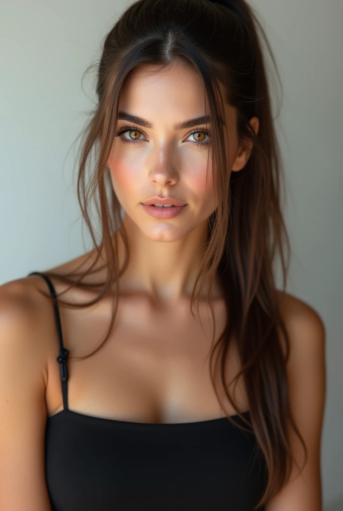 A very realistic and detailed photo of beautiful italian woman, black skirt , perfect makeup, long straight ponytail, brown hair, high quality photo 4k, very detailed, perfect fit, looking at the camera, detailed realistic face, detailed brown eyes, confident,