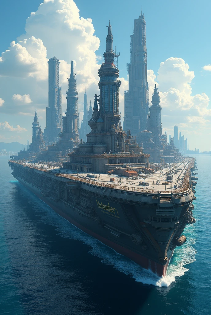 a big city on a very big boat with "the SeaTraveler" written on it