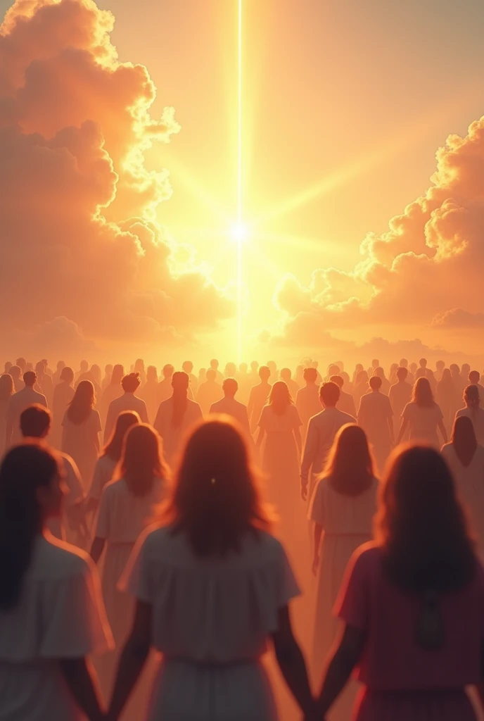 image reflecting full peace and joy in the sky, with people in harmony, surrounded by radiant light and soft clouds.