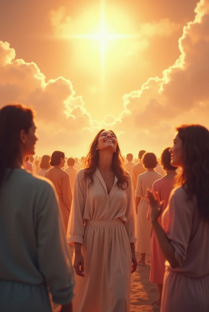 image reflecting full peace and joy in the sky, with people in harmony, surrounded by radiant light and soft clouds.