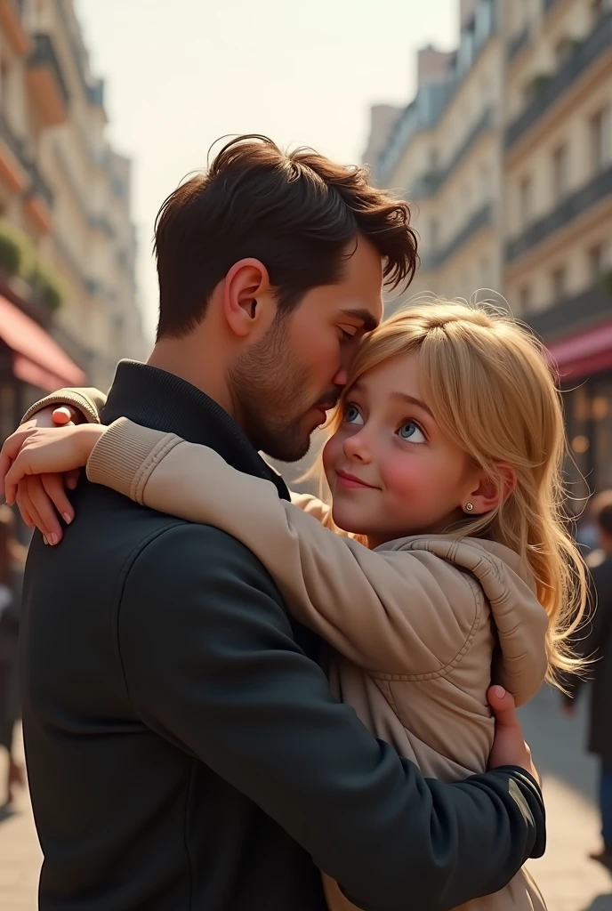 Blonde girl blue eyes hugging her father dark brown hair and brown eyes on the streets of Paris 8k ultrarealistic photorealistic