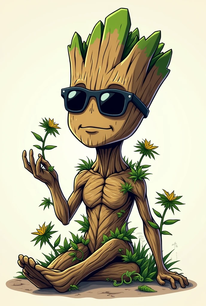 groot drogué avec des lunettes noirs avec des petites plantes de canabis qui pousse sur lui style cartoon