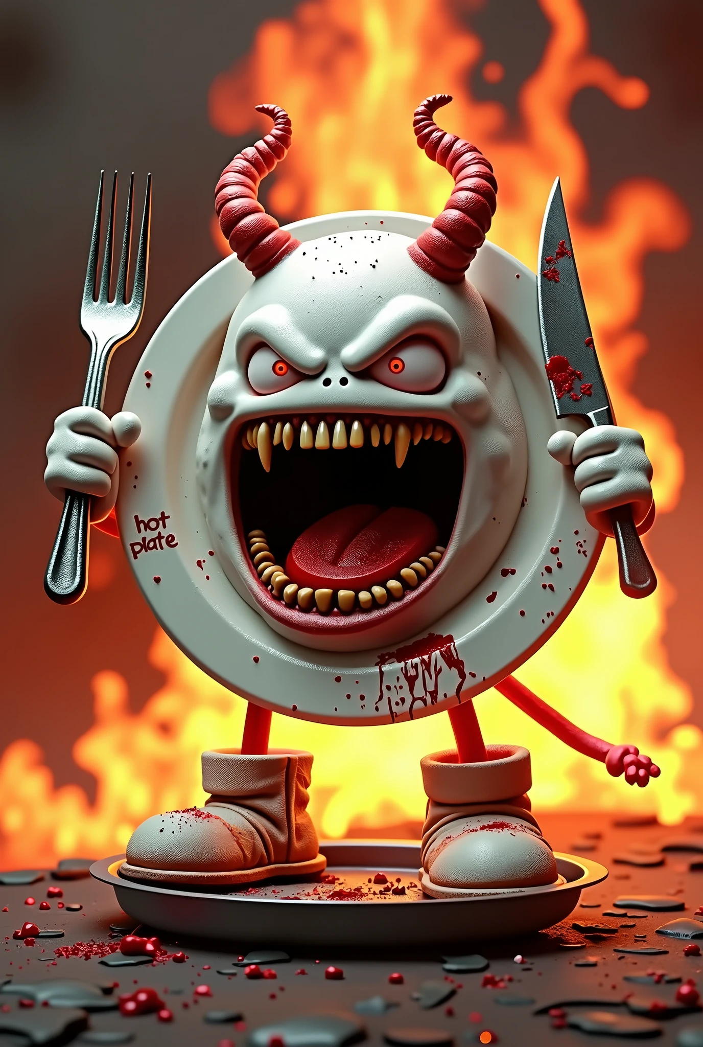 A white plate digital art character shaped like a plate of rice. It has a fierce expression with a wide open mouth, revealing sharp teeth. It wears red evil horns and is holding a large fork in its left hand and a knife covered in food stains in its right hand. There are food remnants stuck in its teeth. A huge flame is in the background. It is wearing boots and its right foot is stepping on a pan. write text "HOT PLATE" between horn