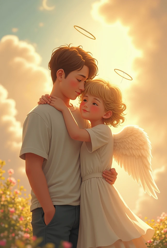 "A touching scene of a young guardian angel, depicted as a child with delicate, soft wings, gently embracing an ordinary adult. The child angel has an innocent expression, with soft, golden curls and a small halo above their head. They are dressed in simple, flowing white garments, with a warm, gentle light surrounding them. The adult, an everyday person dressed in casual clothes, stands or sits beside the angel, looking calm and reassured. The background features a peaceful, celestial landscape with soft clouds and a gentle, warm light, symbolizing the protective and nurturing presence of the child angel over the ordinary person."