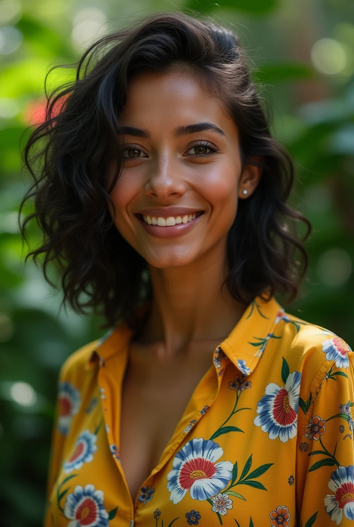 A Brazilian woman in a lush tropical garden, wearing an open shirt with a floral print, with a close-up capturing the harmonious beauty between her breasts and the natural flowers, showing off your natural charm and outgoing personality.