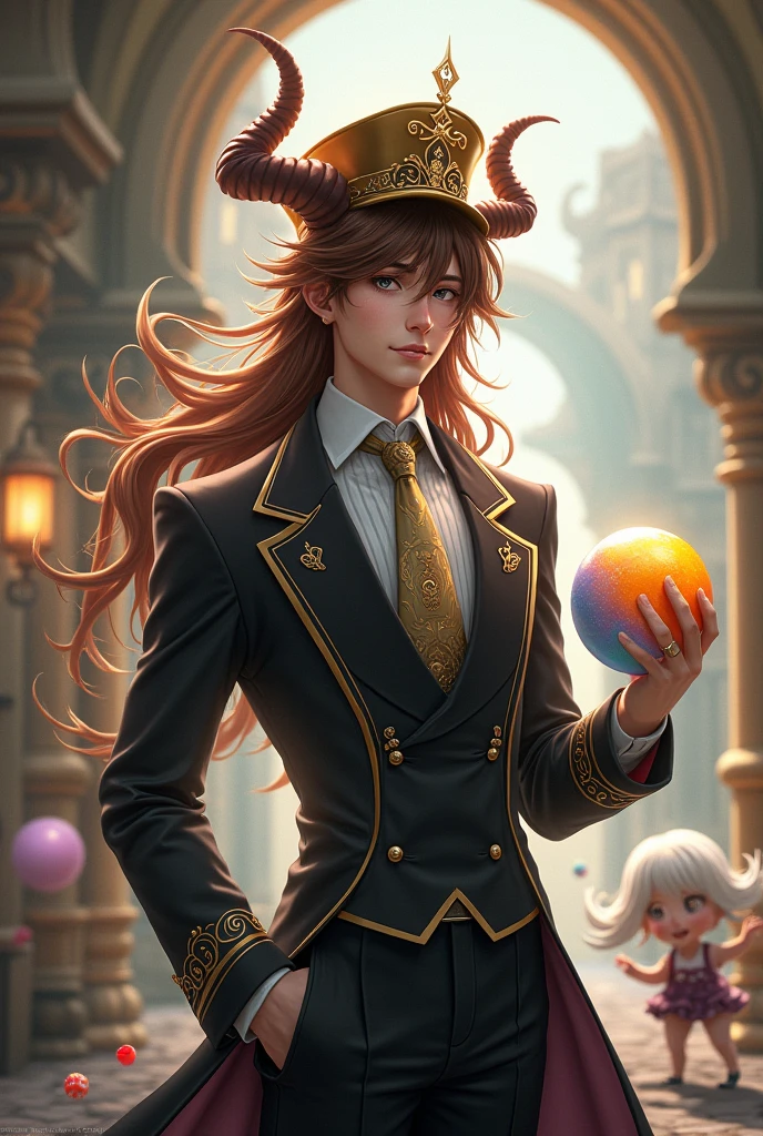 A male character with brown hair and a golden hat with a star on the hat and unicolored horns.,and has a black and grey waiter suit,and a black pants,a white girl with a ball.