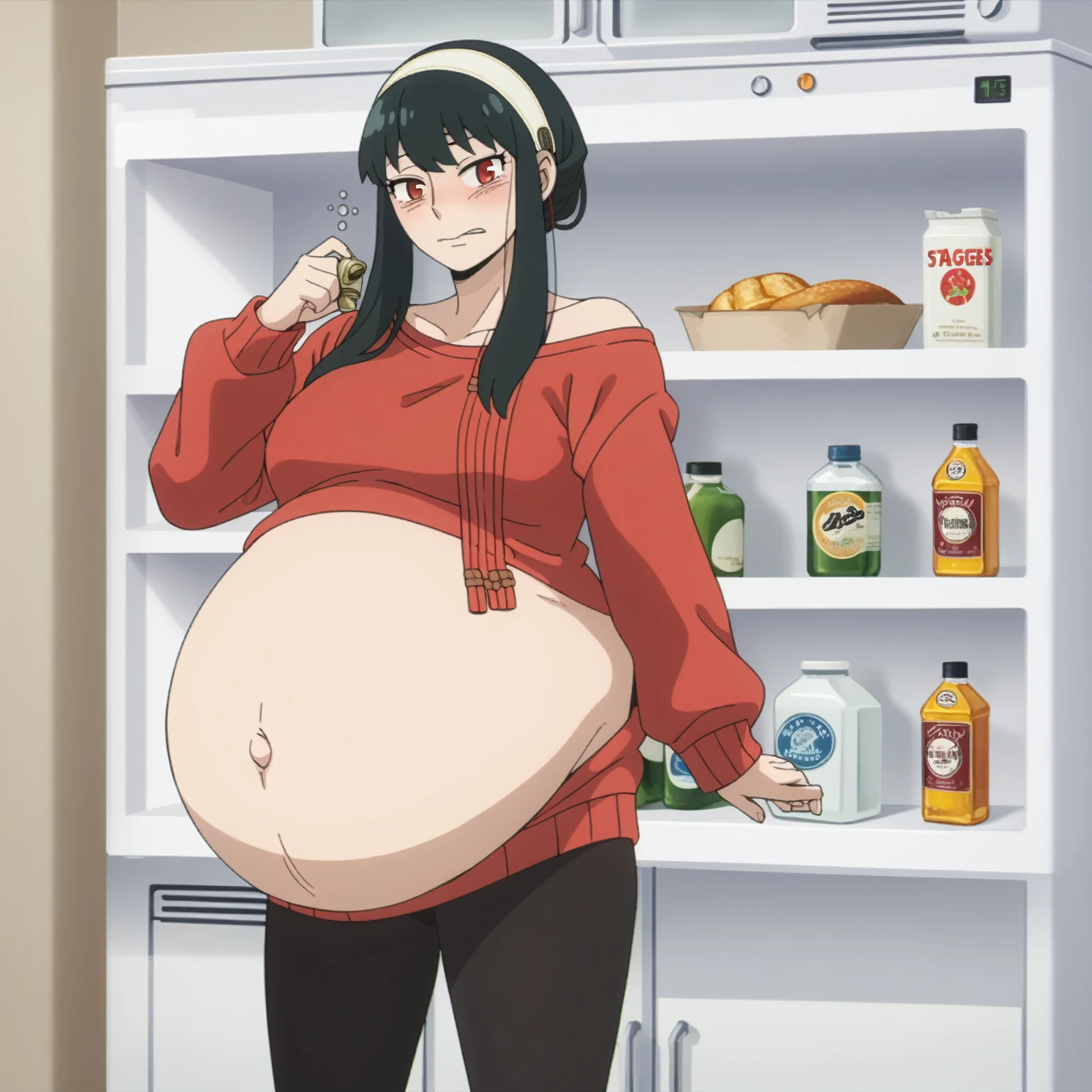 looking at viewer, solo, YorForger,1girl, ((middle breast)), ((belly stuffed)), ((huge belly)), ((very drunk)), ((staggers)), black hair, red eyes, short hair with long locks, white hairband, off shoulder, ((red sweater)), black pantyhose, ((drank too much)), ((exhausted)), ((agitated)), ((in front of a fridge)), ((open fridge)), ((lean on the fridge)),