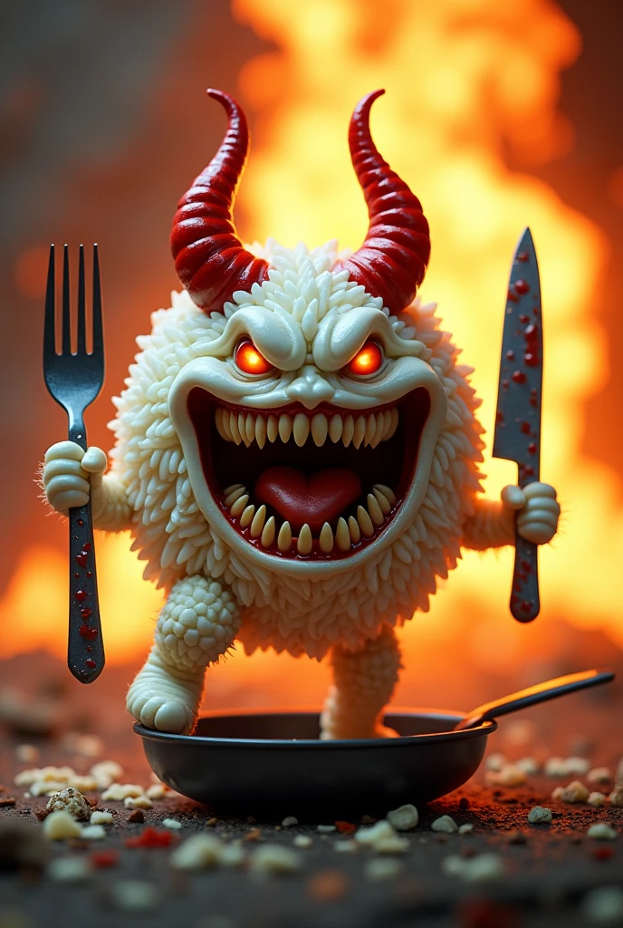 A white plate digital art character shaped like a plate of rice. It has a fierce expression with a wide open mouth, revealing sharp teeth. It wears red evil horns and is holding a large fork in its left hand and a knife covered in food stains in its right hand. There are food remnants stuck in its teeth. A huge flame is in the background. It is wearing boots and its right foot is stepping on a pan. write text "HOT PLATE 2024" between horn