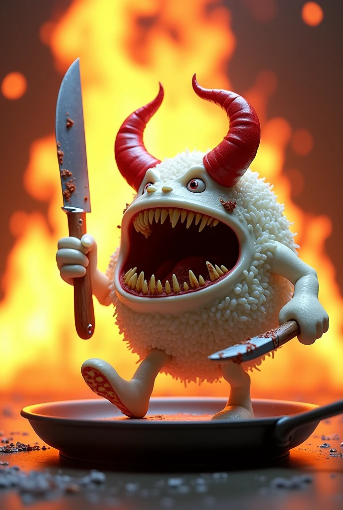 A white plate digital art character shaped like a plate of rice. It has a fierce expression with a wide open mouth, revealing sharp teeth. It wears red evil horns and is holding a large fork in its left hand and a knife covered in food stains in its right hand. There are food remnants stuck in its teeth. A huge flame is in the background. It is wearing boots and its right foot is stepping on a pan. write text "HOT PLATE 2024" between horn