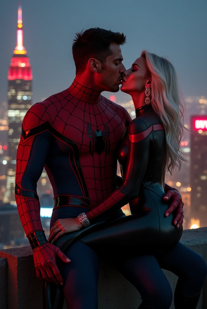 A stunning portrait of Felicia Hardy straddling on top of a muscular Peter Parker in his Spider-Man suit, kissing, French kiss, passionate kiss, she is young and beautiful, her hair is white, she is wearing a black leather body suit unzipped to her belly button, cleavage, sexy, seductive, large breasts, athletic body, narrow waist, wide hips, he is not wearing his mask, Peter Parker’s face, he is grabbing her perfect ass in his hands, her head is thrown back in ecstasy
Location: location is city rooftop at night. Neon lights
Action: she is sitting on top of him, straddling him, he is grabbing her ass passionately, her breasts are pressed against him.