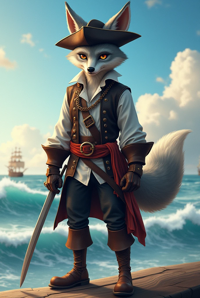 An anthropomorphic gray fox dressed as a pirate 