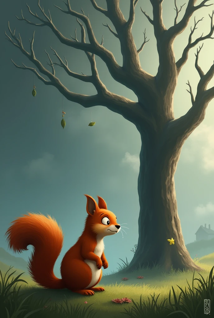 An orange male squirrel shedding tears while looking at a large withered tree with a branch and 3 leaves  ,standing on the grass 


