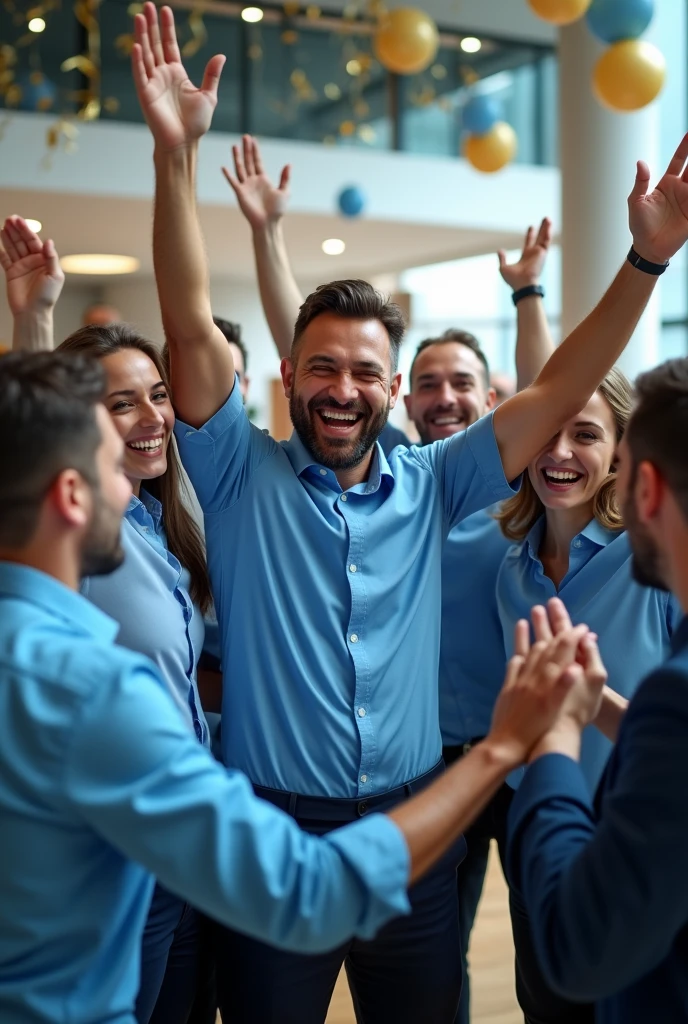 A group of happy sales consultants celebrating at their company, Everyone wears blue shirts.