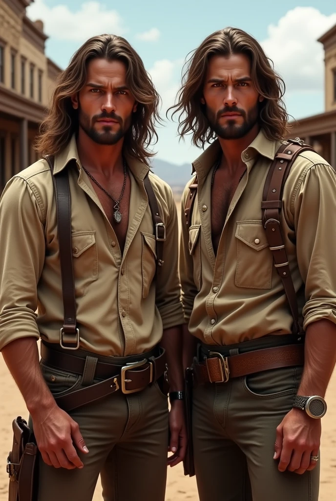 Many men standing together，Looking at the camera，indiana jones, desert, Wide open space, Sunset, Three Men，brown long coat, Brown hair, short hair, Brown eyes, Holding a whip, Abdominal muscles, beard, Confident posture, Beautifully detailed eyes, Fascinating eyes, Bright colors, Carefully crafted lighting, Studio lighting techniques highlight the characters and the overall atmosphere of the scene., masterpiece, Anatomically correct, high quality, best quality, High Detail