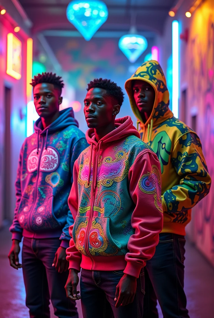A photorealistic 4K cinematic image featuring three  vividly colorful, neon-lit environment, each dressed in eye-catching, vibrant streetwear that blends bold fashion with surreal, artistic details. The men wear strikingly colorful hoodies and jackets, each piece exploding with intricate patterns and neon elements that pulse and shift with light.

One man’s hoodie is a kaleidoscope of colors, with vivid neon pinks, purples, and blues forming geometric shapes that seem to move and change as he shifts. Another man’s jacket is a riot of swirling, luminous patterns in electric greens and oranges, with glowing threads woven into the fabric, creating a dynamic, high-energy effect. The third man’s hoodie is a masterpiece of abstract art, with bold, exaggerated graffiti-like designs in neon yellows and reds that practically jump off the fabric.

The background is an eclectic, surreal room filled with neon sculptures, floating holograms, and oversized abstract artwork. The walls are covered in bright, glowing graffiti and vibrant murals, creating a chaotic yet visually stunning backdrop. Neon lights in every color of the spectrum bathe the room in a glowing haze, reflecting off the men’s outfits and adding depth to the intricate details.

The men stand with a powerful, confident stance, their expressions conveying a mix of rebellion and creativity, as if they are part of a cutting-edge subculture. The overall vibe is one of bold, unrestrained creativity, where street fashion meets surrealism in a vibrant, neon-soaked world.

[Lighting: Intense neon and vibrant ambient light with sharp contrasts] [Camera: Medium group shot capturing the vibrant outfits and detailed environment] [Resolution: 4k, hyper-realistic] [Style: Vibrant street fashion, neon surrealism, cinematic energy] [Inspiration: Avant-garde fashion, Neon art, Bold creativity].
