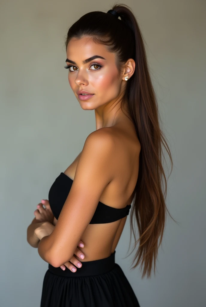 A very realistic and detailed photo of beautiful italian woman, black skirt , perfect makeup, long straight ponytail, long brown hair, high quality photo 4k, very detailed, perfect fit, looking at the camera, detailed realistic face, detailed brown eyes, confident,