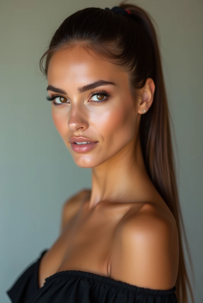 A very realistic and detailed photo of beautiful italian woman, black skirt , perfect makeup, long straight ponytail, long brown hair, high quality photo 4k, very detailed, perfect fit, looking at the camera, detailed realistic face, detailed brown eyes, confident,