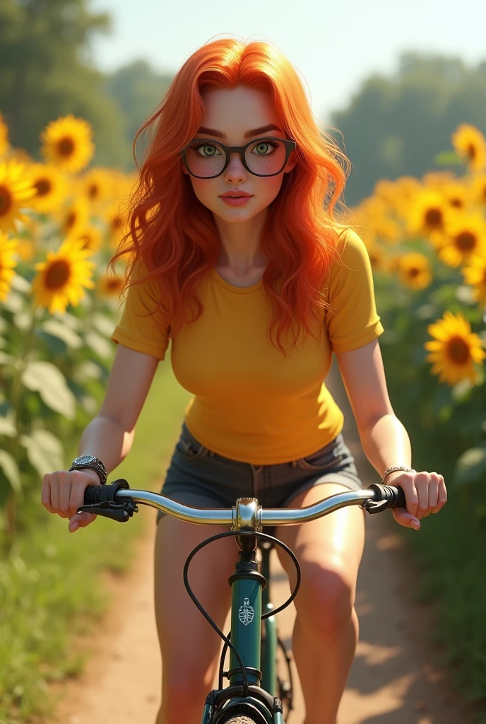Une femme influenceuse rousse aux yeux vert avec un air innocent, des lèvres pulpeuses. avec des taches de rousseurs sur les joues. Poitrine moyenne. fesses bombées. Porte des lunettes. Porte un tee shift moulant  Sur un vélo se promenant dans un chemin entouré de champ de tournesols 