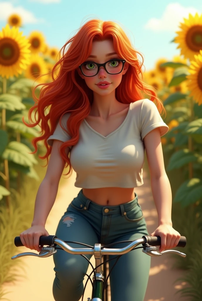 Une femme influenceuse rousse aux yeux vert avec un air innocent, des lèvres pulpeuses. avec des taches de rousseurs sur les joues. Poitrine moyenne. fesses bombées. Porte des lunettes. Porte un tee shift moulant Sur un vélo se promenant dans un chemin entouré de champ de tournesols