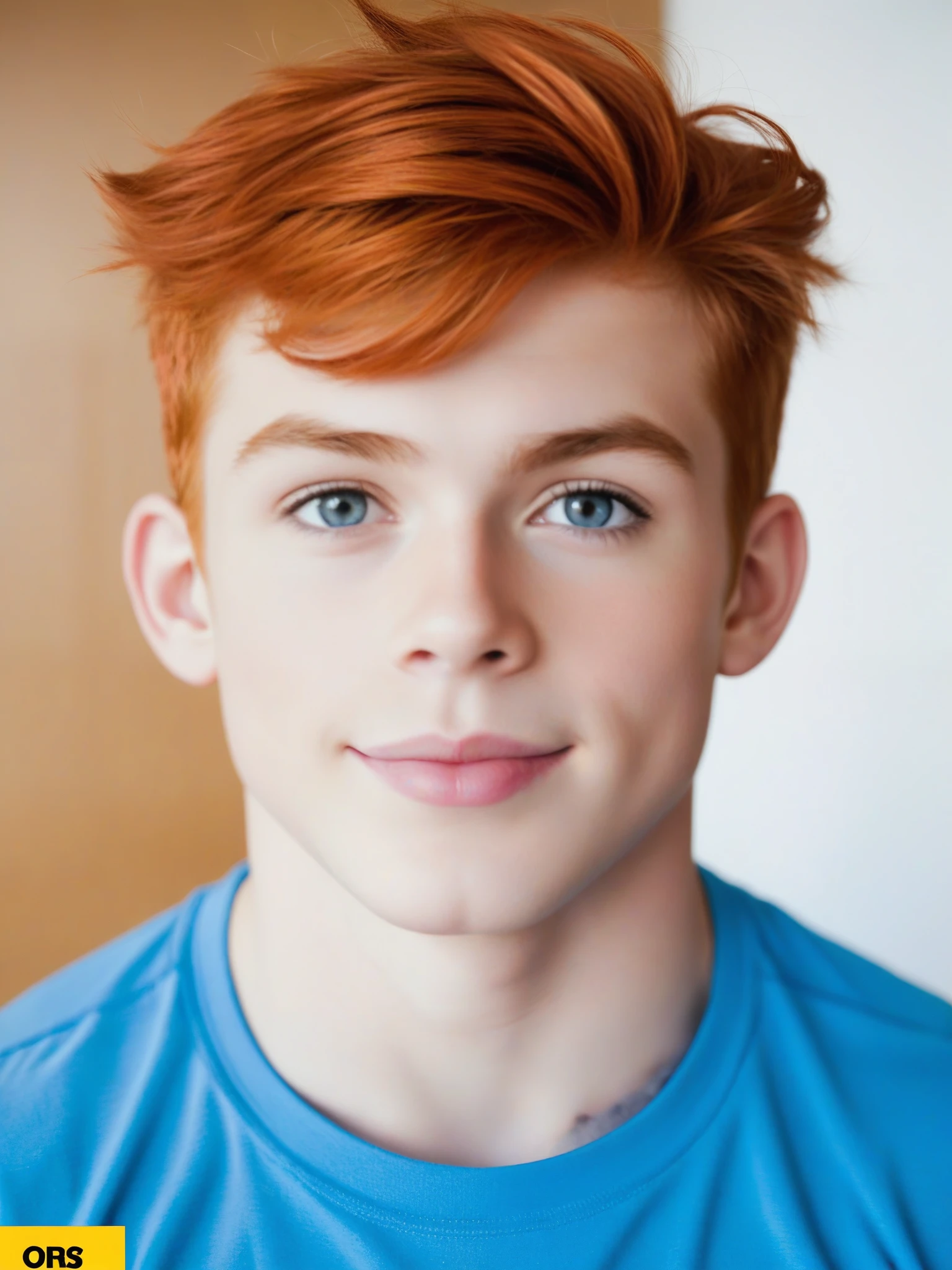 A photo of a super dumb young ten years old male teenager bodybuilder toddler Innocent face idiot expression super muscular redhead