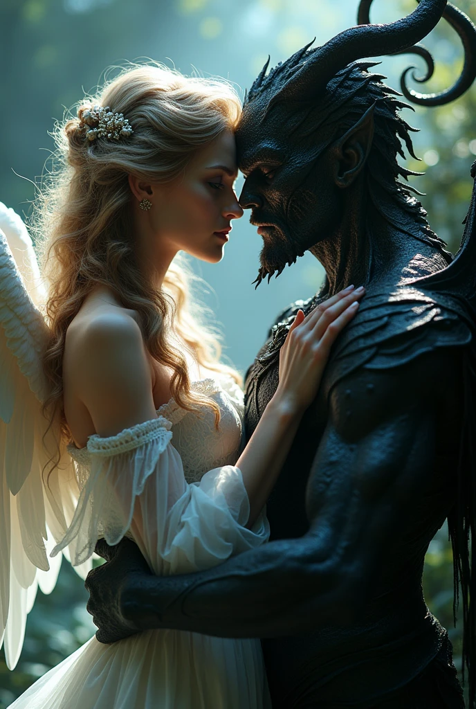 2 beautiful girls kissing,a angel and a demon,detailed face, detailed eyes, detailed lips, detailed hair,intricate and highly detailed, ethereal, dark fantasy, dramatic lighting, vibrant colors, cinematic, (best quality,4k,8k,highres,masterpiece:1.2),ultra-detailed,(realistic,photorealistic,photo-realistic:1.37)