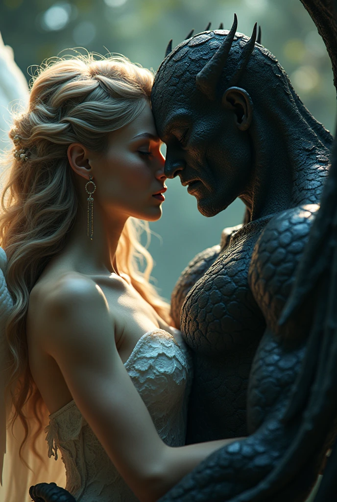2 beautiful girls kissing,a angel and a demon,detailed face, detailed eyes, detailed lips, detailed hair,intricate and highly detailed, ethereal, dark fantasy, dramatic lighting, vibrant colors, cinematic, (best quality,4k,8k,highres,masterpiece:1.2),ultra-detailed,(realistic,photorealistic,photo-realistic:1.37)
