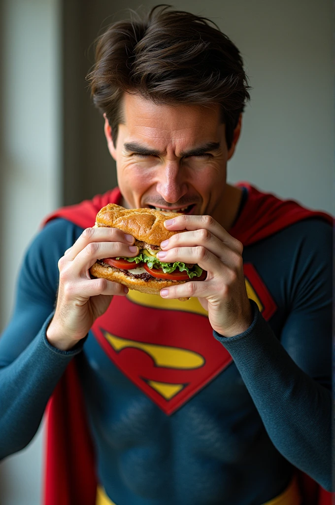 A photo of tom cruise eating a sandwich while wearing a superhero suit