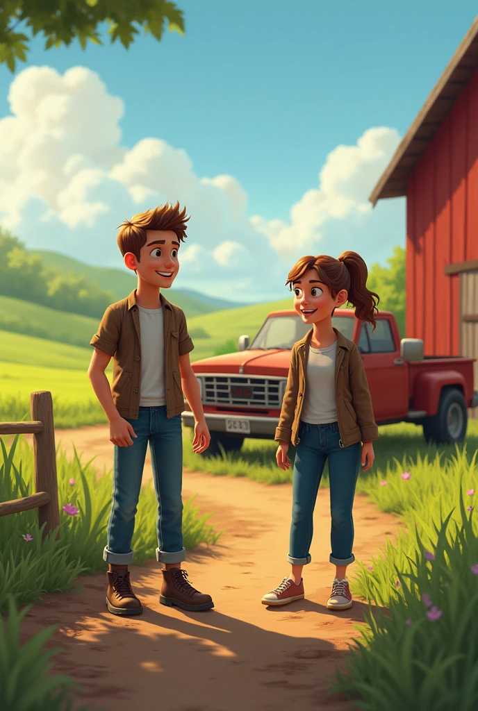 A young man next to a girl on a farm and a pick up truck
 