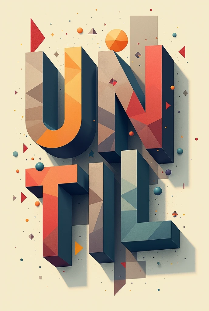 The word "until" breaks down into basic geometric shapes like cubes, rectangles and triangles. Each letter is a combination of these polygons, with sharp angles and planes that intertwine to form a fractured and multifaceted image. The color palette includes earthy tones and grays, with some areas in more vivid colors to add contrast.