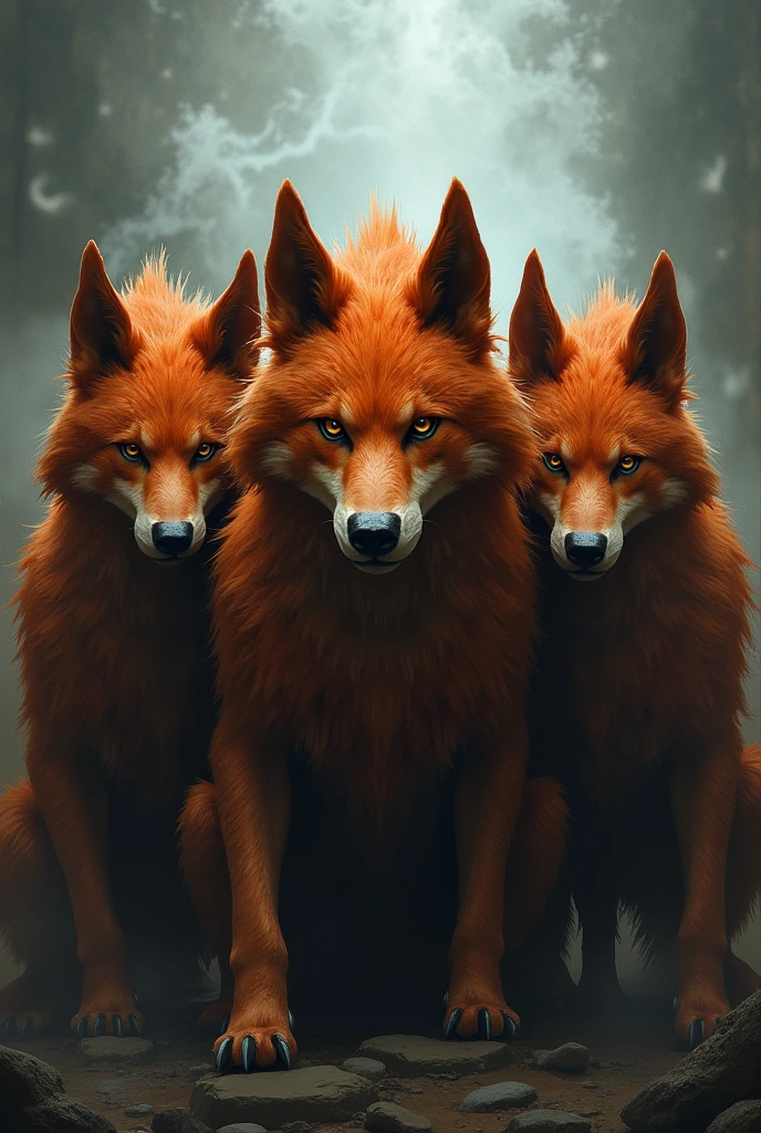 A pair of 3 twin brothers have dark orange hair and wolf ears.