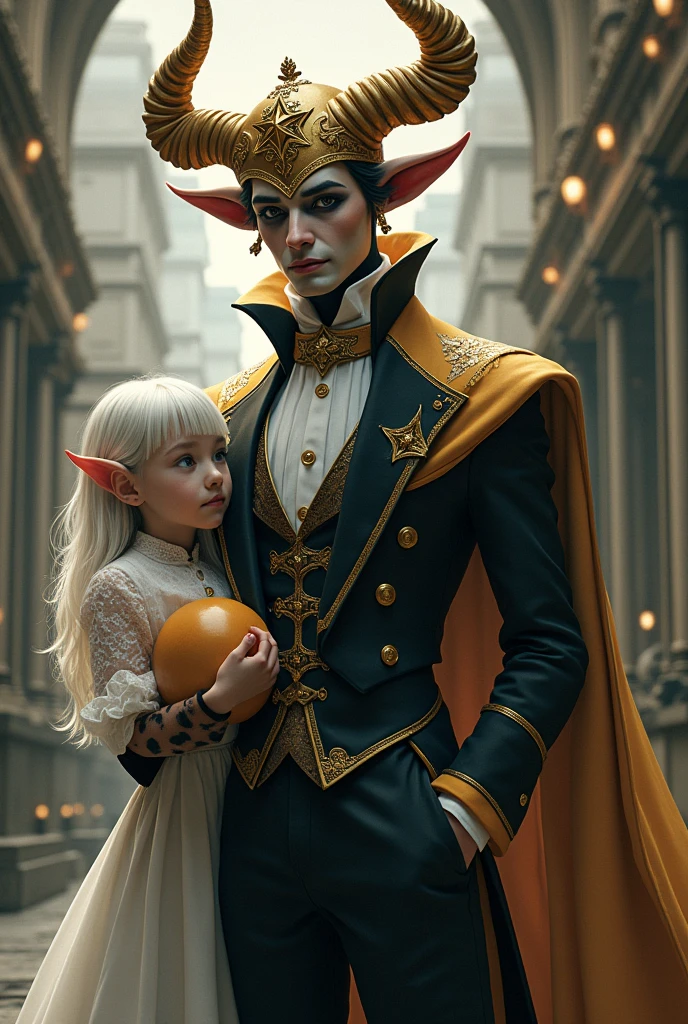 The character is male and has a golden hat, a star on the hat and some uni-colored horns.,and has a black and grey waiter suit,and a black pants,a white girl with a ball.