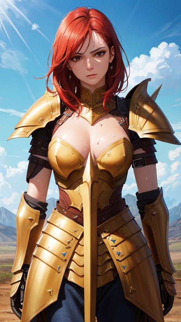 ((((masterpiece, Highest quality, High resolution)))), Extremely detailed 8K, 1 female, Wearing armor like a warrior, (Ultra HD, Very detailed, Very detailed, Very realistic, Ultra-realistic, Photo Real), (One person:1.5), (Realistic red hair), (Dynamic pose), To the camera, View your viewers, (Serious and calm face), (Normal black eyes, Sharp eyes), (Firm breasts:1.2), (Beautifully detailed face, Beautiful attention to detail), ((Armor damaged)), (Preparing for Battle), Sweat, Shine, (Sunbeam, sunlight), ((Cowboy Shot)), Battlefield Background, Fascinating, EnvyBetterHands LoCon,