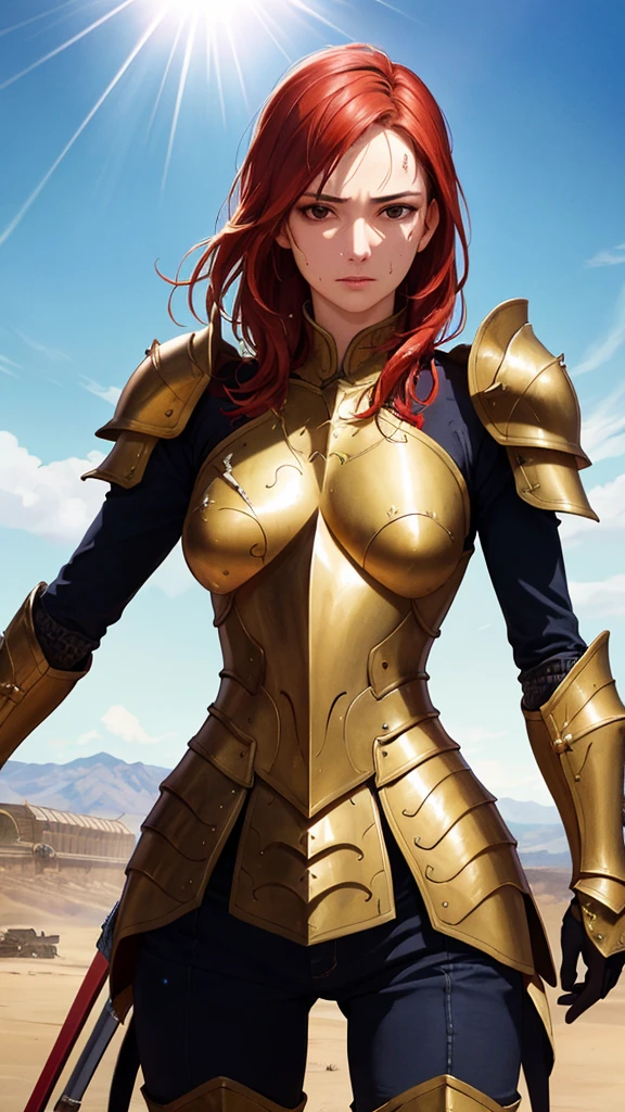 ((((masterpiece, Highest quality, High resolution)))), Extremely detailed 8K, 1 female, Wearing armor like a warrior, (Ultra HD, Very detailed, Very detailed, Very realistic, Ultra-realistic, Photo Real), (One person:1.5), (Realistic red hair), (Dynamic pose), To the camera, View your viewers, (Serious and calm face), (Normal black eyes, Sharp eyes), (Firm breasts:1.2), (Beautifully detailed face, Beautiful attention to detail), ((Armor damaged)), (Preparing for Battle), Sweat, Shine, (Sunbeam, sunlight), ((Cowboy Shot)), Battlefield Background, Fascinating, EnvyBetterHands LoCon,
