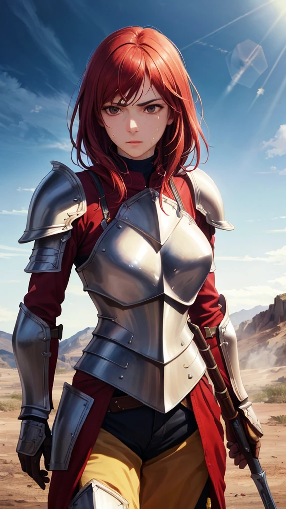 ((((masterpiece, Highest quality, High resolution)))), Extremely detailed 8K, 1 female, Wearing armor like a warrior, (Ultra HD, Very detailed, Very detailed, Very realistic, Ultra-realistic, Photo Real), (One person:1.5), (Realistic red hair), (Dynamic pose), To the camera, View your viewers, (Serious and calm face), (Normal black eyes, Sharp eyes), (Firm breasts:1.2), (Beautifully detailed face, Beautiful attention to detail), ((Armor damaged)), (Preparing for Battle), Sweat, Shine, (Sunbeam, sunlight), ((Cowboy Shot)), Battlefield Background, Fascinating, EnvyBetterHands LoCon,
