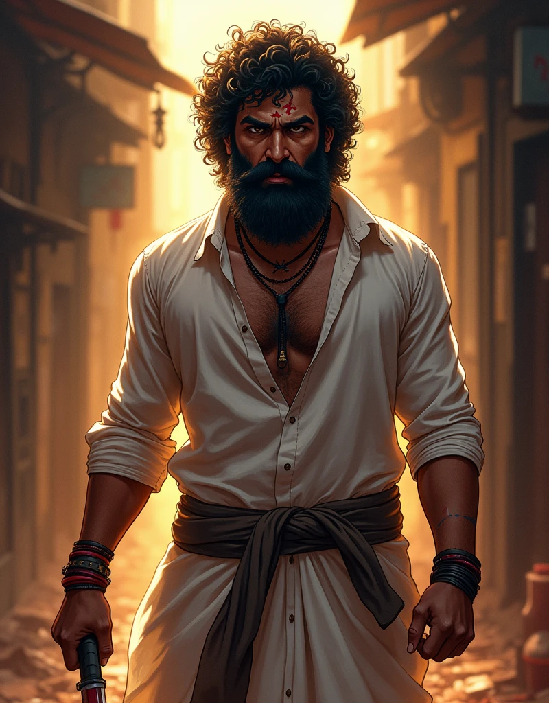 Create a anime style landscape image. Anime portrait-style image featuring a man with a rugged appearance. He has a thick, curly black beard and mustache, and his hair is similarly curly and voluminous. His skin is a medium brown tone. He is wearing a white traditional outfit, which includes a long shirt and a dhoti, with visible bloodstains on the fabric. The man is holding a knife in his right hand, which also has blood on it. He has a red mark on his forehead, possibly a tilak, and is adorned with several bracelets on his left wrist. The background is a dimly lit, narrow alleyway with a warm, golden light filtering through, creating a intense atmosphere.