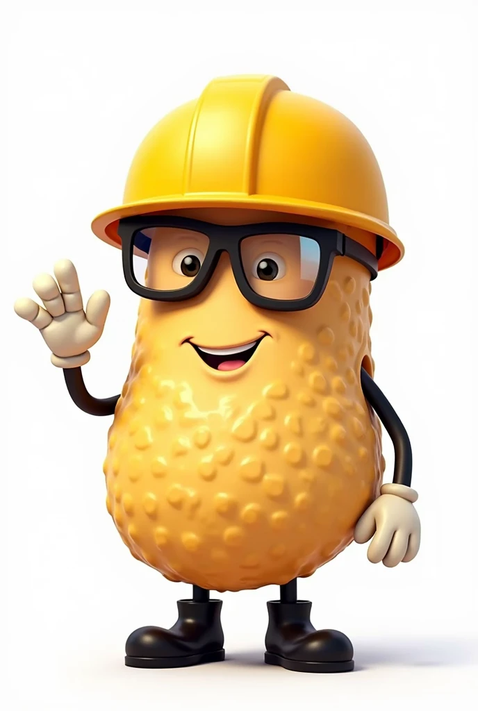 create on white background. a potato chip shaped mascot with legs and boots, with arms and gloves. wearing a safety helmet and safety glasses

