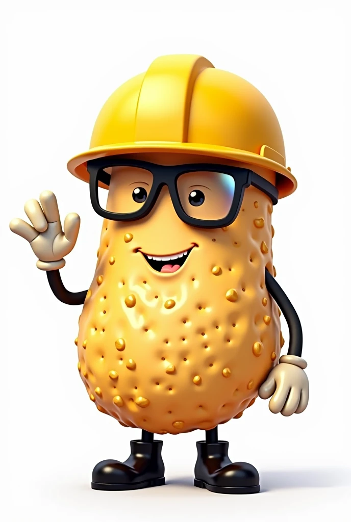 create on white background. a potato chip shaped mascot with legs and boots, with arms and gloves. wearing a safety helmet and safety glasses

