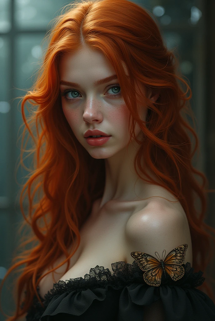 (solo, full body photo:1.3), (action packed:1.3), (haze, fog, mist:1.3), chiaroscuro, best quality, photorealistic, 1woman, (cute), (24yo:1.2), redhead, long ginger hair highly detailed, 1700'S, digital photography, art by artgerm and ruan jia and greg rutkowski surreal painting gold butterfly filigree, broken glass, (masterpiece, sidelighting, finely detailed Fashionable eyes: 1.2) (perfect oval large eyes that gazes at the viewer), beautiful detailed face, blue gorgeous perfect eyes, (blonde hair ponytail), (attractive young woman:1.3), (thick amazing hair), (seductive:1.1), (blushing:1.1)