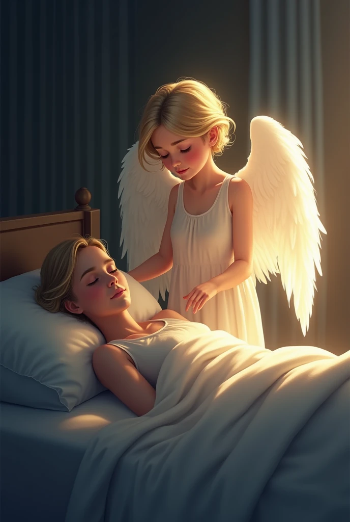 "A serene image of a guardian angel watching over a sleeping adult. The angel is depicted with gentle, flowing wings, standing beside the bed where the adult rests peacefully. The angel has a calm, loving expression, with a soft glow surrounding them, illuminating the room with a warm, comforting light. The adult, dressed in simple sleepwear, lies peacefully under a cozy blanket, with a relaxed and tranquil expression. The scene is set in a quiet, dimly lit room, with the angel's presence providing a sense of protection and peace, ensuring the adult's restful sleep."