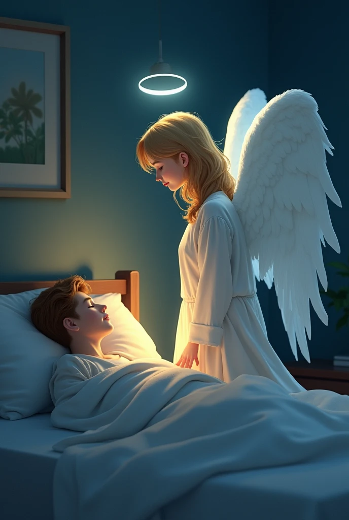 "A serene image of a guardian angel watching over a sleeping adult. The angel is depicted with gentle, flowing wings, standing beside the bed where the adult rests peacefully. The angel has a calm, loving expression, with a soft glow surrounding them, illuminating the room with a warm, comforting light. The adult, dressed in simple sleepwear, lies peacefully under a cozy blanket, with a relaxed and tranquil expression. The scene is set in a quiet, dimly lit room, with the angel's presence providing a sense of protection and peace, ensuring the adult's restful sleep."